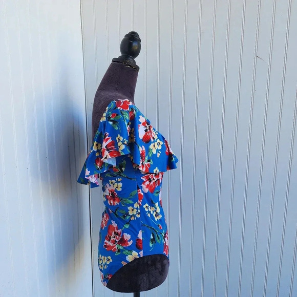 Ralph Lauren One Piece Swimsuit Off Shoulder Floral Blue Pink Print Sz 12 - Picture 4 of 16